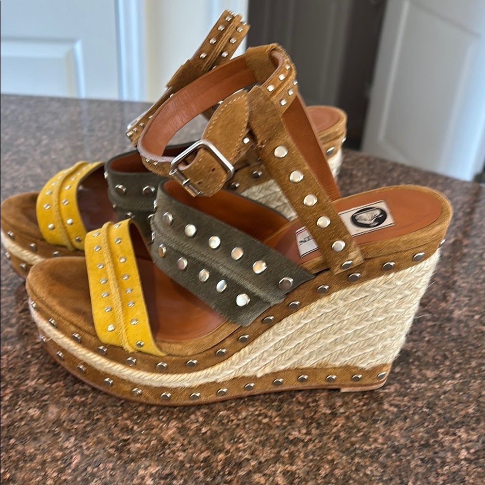 Lanvin Paris France Ladies Yellow Brown Suede Platform Wedge Stud Shoes-8